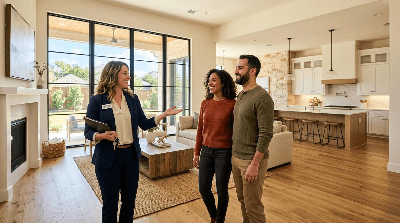 Real estate agent showing a couple around the living room of a home